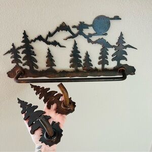 Vintage Mountain Scene Towel Bar and two Robe hangers.